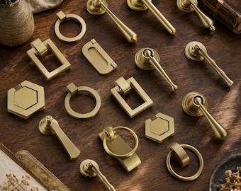 15 Styles Solid Brass Ring Pulls, Gold Drop Handles, Chinese Style Furniture Hardware