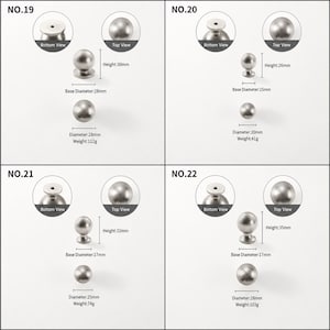 Op de afbeelding: Vier sets zilverkleurige bolvormige kastknoppen, gelabeld NO.19 tot en met NO.22. Elke set toont bovenaanzichten, onderaanzichten, hoogte, basisdiameter, totale diameter en gewicht in gram, vari&euml;rend van 26mm tot 35mm in hoogte.