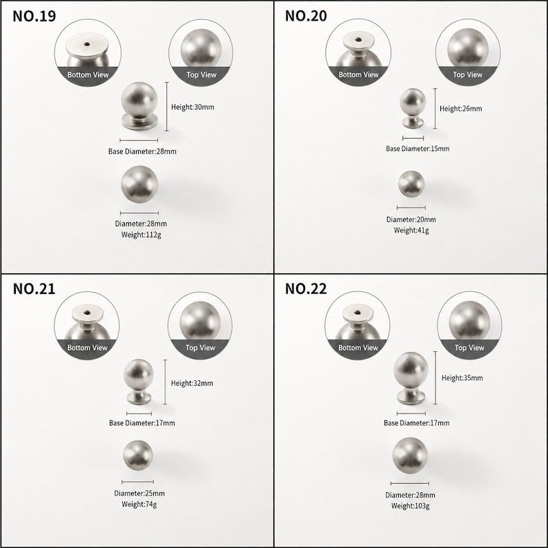 Op de afbeelding: Vier sets zilverkleurige bolvormige kastknoppen, gelabeld NO.19 tot en met NO.22. Elke set toont bovenaanzichten, onderaanzichten, hoogte, basisdiameter, totale diameter en gewicht in gram, vari&euml;rend van 26mm tot 35mm in hoogte.