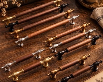 French Vintage Walnut Cabinet Pulls, Antique Brass Hardware, Luxury Wardrobe Knobs