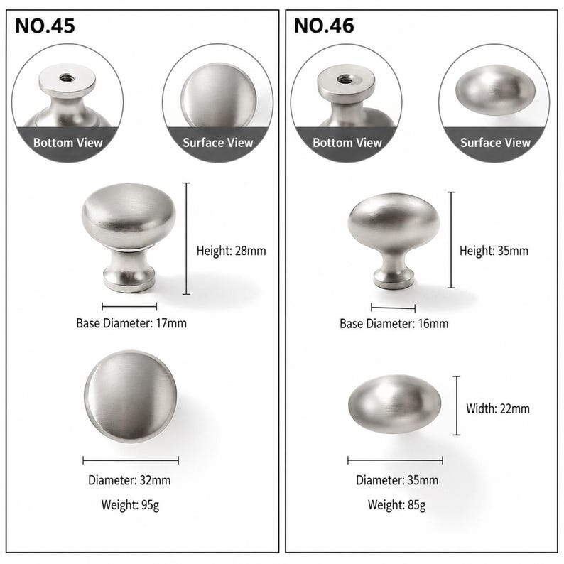 Op de afbeelding: Twee zilverkleurige metalen kastknoppen gelabeld No. 45 en No. 46. No. 45 is rond met een diameter van 32mm, hoogte van 28mm, basisdiameter van 17mm en gewicht van 95g. No. 46 is ovaal met 35mm diameter, 35mm hoogte, 16mm basisdiameter en 85g gewicht.