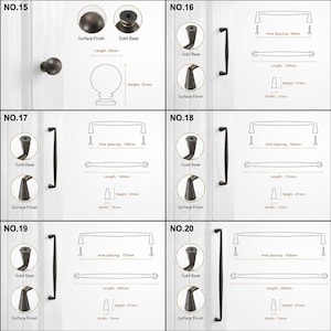 May include: A collection of dark bronze cabinet hardware including a round knob and five elongated bar pulls labeled NO.15 through NO.20. Each item features technical diagrams with dimensions in millimeters, showing hole spacing, total length, and height.