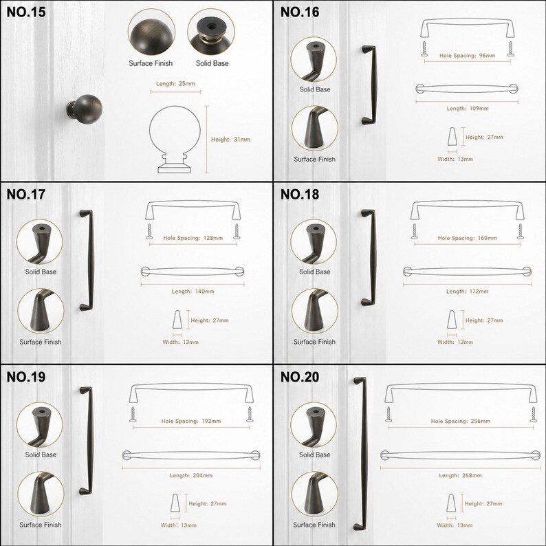 May include: A collection of dark bronze cabinet hardware including a round knob and five elongated bar pulls labeled NO.15 through NO.20. Each item features technical diagrams with dimensions in millimeters, showing hole spacing, total length, and height.