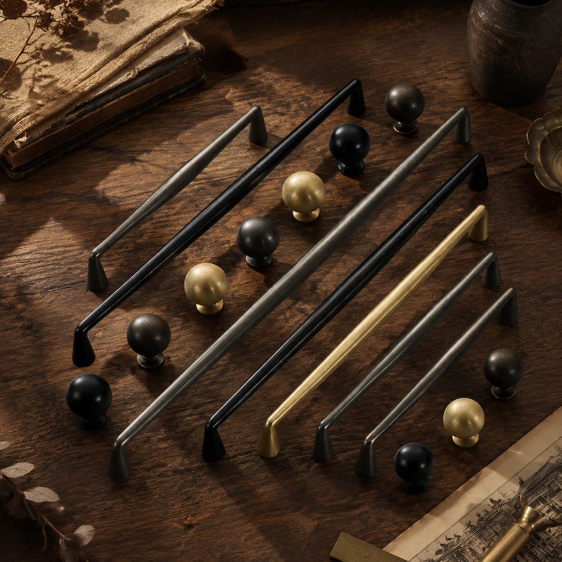 May include: A collection of cabinet hardware including several long, slender metal drawer pulls and round knobs. The hardware features a variety of finishes, including matte black, brushed gold, and dark metallic grey, arranged in a scattered layout.