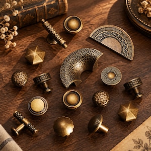 May include: A collection of various antique brass cabinet knobs and pulls in diverse shapes including round, hexagonal, semi-circular, and T-bar designs, featuring hammered, textured, and geometric patterns on a dark wooden surface.