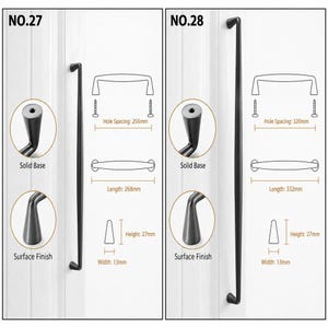 May include: Two black cabinet pulls labeled NO.27 and NO.28. NO.27 has a 256mm hole spacing, 268mm length, 27mm height, and 13mm width. NO.28 has a 320mm hole spacing, 332mm length, 27mm height, and 13mm width. Both feature solid bases.