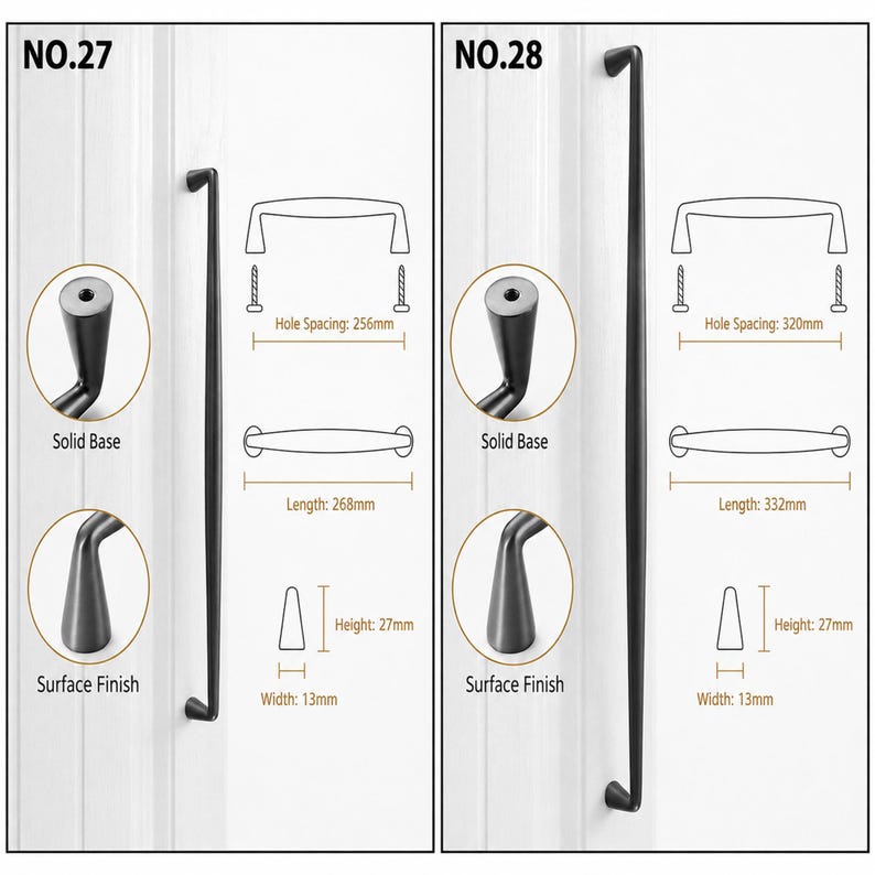 May include: Two black cabinet pulls labeled NO.27 and NO.28. NO.27 has a 256mm hole spacing, 268mm length, 27mm height, and 13mm width. NO.28 has a 320mm hole spacing, 332mm length, 27mm height, and 13mm width. Both feature solid bases.