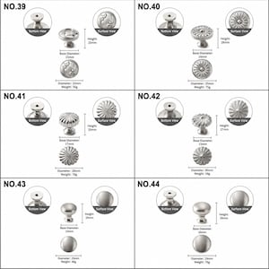 Op de afbeelding: Een collectie van zes zilverkleurige metalen kastknoppen gelabeld van NO.39 tot NO.44. Elk item toont een zijaanzicht, onderaanzicht en bovenaanzicht met duidelijk vermelde afmetingen in millimeters en gewichten in grammen.