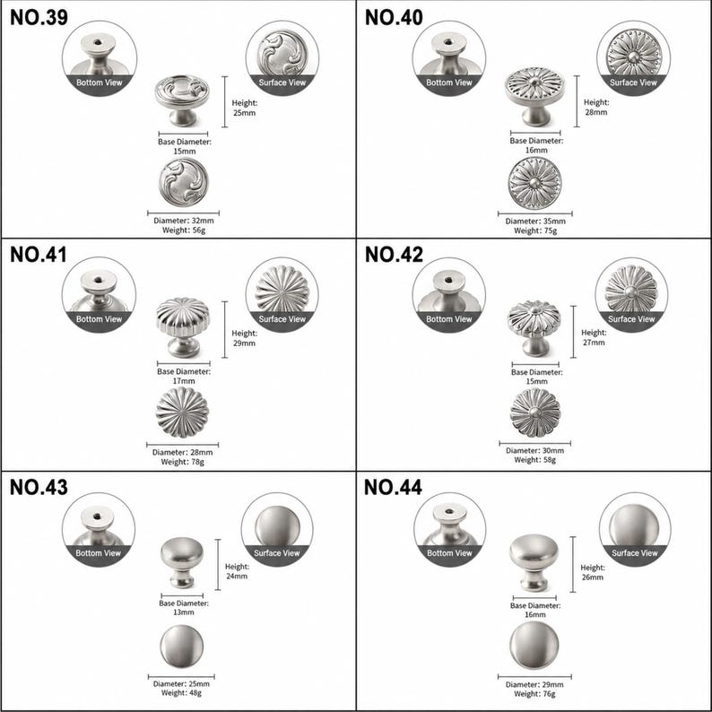 Op de afbeelding: Een collectie van zes zilverkleurige metalen kastknoppen gelabeld van NO.39 tot NO.44. Elk item toont een zijaanzicht, onderaanzicht en bovenaanzicht met duidelijk vermelde afmetingen in millimeters en gewichten in grammen.
