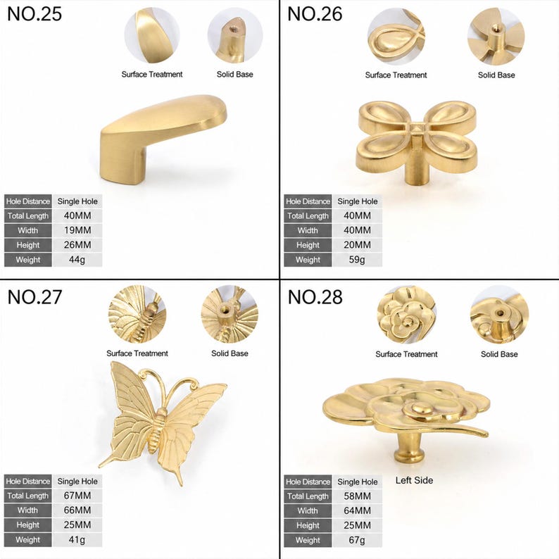 Pode incluir: Uma cole&ccedil;&atilde;o de quatro puxadores de metal dourado rotulados de NO.25 a NO.28. Cada puxador apresenta um formato &uacute;nico, incluindo uma al&ccedil;a lisa, uma flor de quatro p&eacute;talas, uma borboleta e um design floral, com dimens&otilde;es vis&iacute;veis em mm.