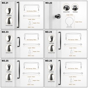 May include: A collection of matte black cabinet hardware labeled NO.21 through NO.26, featuring various handle lengths and a round knob. Technical diagrams display hole spacing, total length, height, and width in millimeters for each piece.