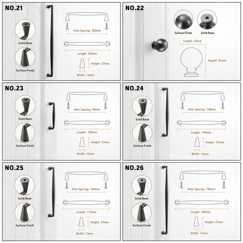 May include: A collection of matte black cabinet hardware labeled NO.21 through NO.26, featuring various handle lengths and a round knob. Technical diagrams display hole spacing, total length, height, and width in millimeters for each piece.