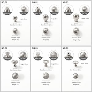 Op de afbeelding: Een collectie van zes zilverkleurige metalen kastknoppen, gelabeld van NO.01 tot NO.06. Elk item toont de knop van onderen, boven en opzij, inclusief specifieke afmetingen voor hoogte, basisdiameter, totale diameter en gewicht in grammen.