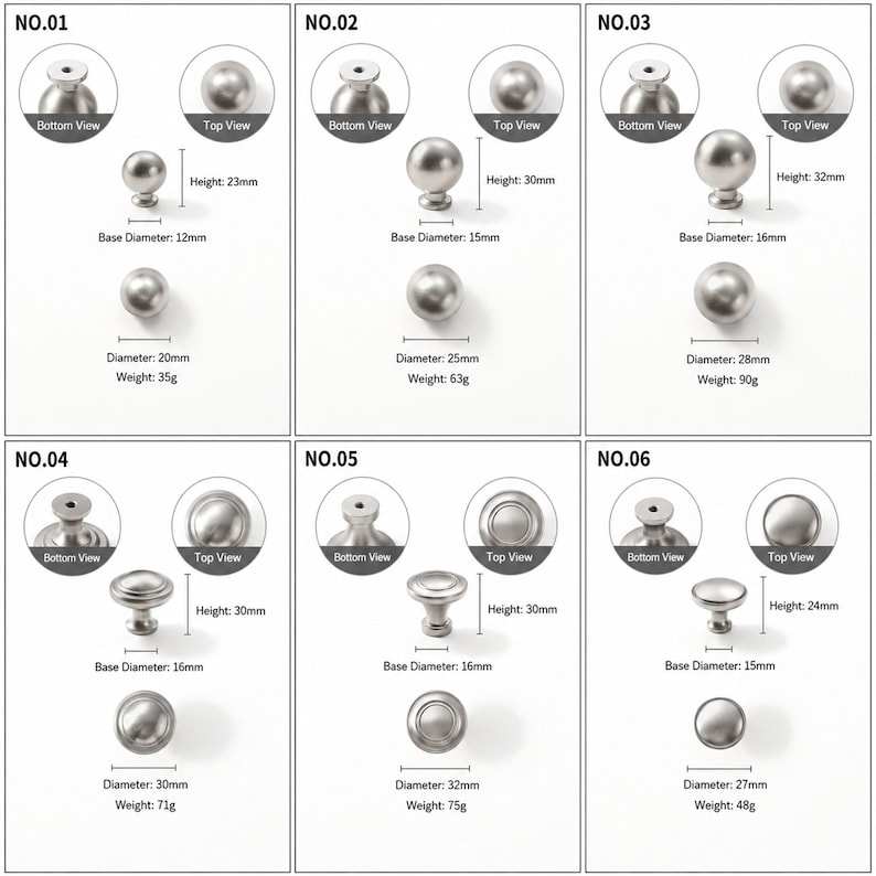 Op de afbeelding: Een collectie van zes zilverkleurige metalen kastknoppen, gelabeld van NO.01 tot NO.06. Elk item toont de knop van onderen, boven en opzij, inclusief specifieke afmetingen voor hoogte, basisdiameter, totale diameter en gewicht in grammen.