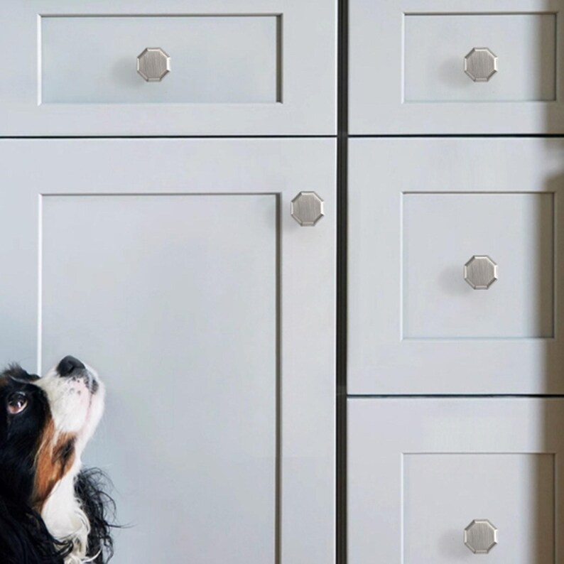 Op de afbeelding: Een set achthoekige kastknoppen van geborsteld nikkel, gemonteerd op lichtgrijze kastdeuren en lades in shaker-stijl. Het beslag heeft een platte, veelzijdige geometrische vorm met een metallic afwerking voor een strakke uitstraling.