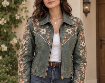 花柄刺繍入りのヴィンテージデニムジャケット、カジュアルな春秋服、女性用刺繍入りデニムコート、ボヘミアンシックなジャケット、スタイリッシュなアウター