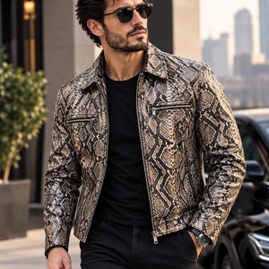 May include: A long-sleeved jacket featuring a brown and black snakeskin pattern, a pointed collar, and a silver-toned front zip closure. The jacket includes a horizontal zipped chest pocket on the left side and long sleeves with cuffs.