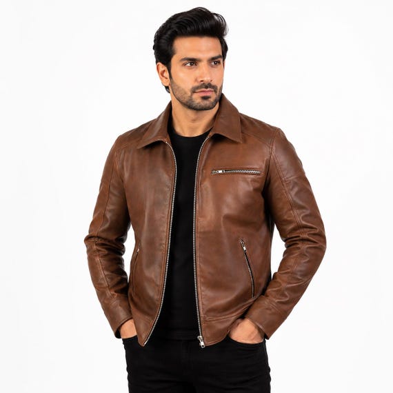 Men's Brown Genuine Cowhide Leather Jacket | Classic Motorcycle Biker Jacket | Zip-Up Leather Jacket | Handmade Jacket | Gift for Him
