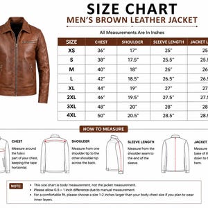 Puede incluir: Una chaqueta de cuero marr&oacute;n junto a una tabla de tallas con medidas en pulgadas. La tabla enumera el pecho, los hombros, la longitud de la manga y la longitud de la chaqueta para tallas de XS a 4XL, con diagramas de c&oacute;mo medir cada parte.