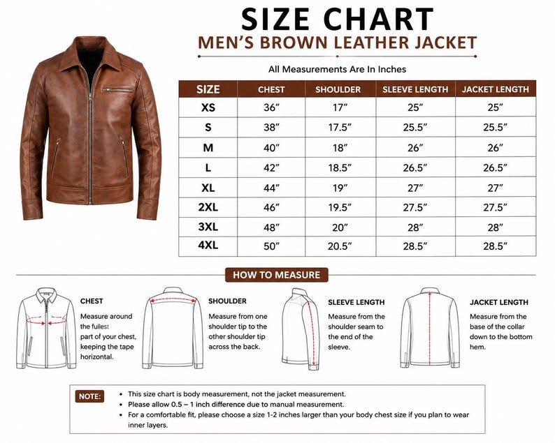 Puede incluir: Una chaqueta de cuero marr&oacute;n junto a una tabla de tallas con medidas en pulgadas. La tabla enumera el pecho, los hombros, la longitud de la manga y la longitud de la chaqueta para tallas de XS a 4XL, con diagramas de c&oacute;mo medir cada parte.