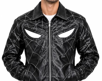 ブラックスパイダーレザージャケット、ウェブステッチボンバージャケット、ゴシックストリートウェアジャケット、スパイダーバックグラフィックジャケット、ユニセックスバイカージャケット