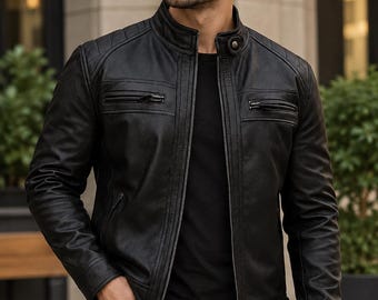 メンズ ブラック レザー ジャケット、スリムフィット モーターサイクル ジャケット、バイカー スタイル アウター、男性へのギフト、カジュアルな秋冬コート