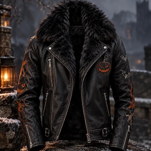 Könnte beinhalten: Eine schwarze Lederjacke mit einem dicken Kunstfellkragen und Innenfutter. Die Jacke zeigt orangefarbene Stickereien von Kürbissen und Fledermäusen auf den Ärmeln und der Brust sowie silberfarbene Metallreißverschlüsse an Front und Ärmeln.