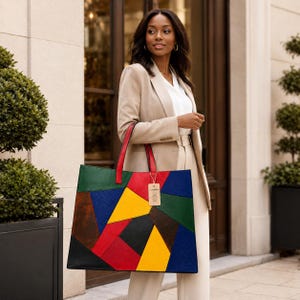 Puede incluir: Un bolso tote rectangular grande con un diseño de patchwork geométrico en colores vibrantes que incluyen rojo, amarillo, azul, verde y negro. El bolso tiene dos correas rojas para el hombro y una pequeña etiqueta rectangular beige colgada de una asa.