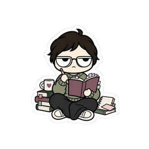 May include: A sticker illustration of a person with dark hair and glasses wearing an olive green sweater and black pants, sitting cross-legged while reading a purple book with a pencil in hand, surrounded by stacks of books and a mug with a heart.