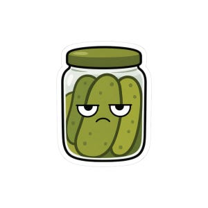 May include: A sticker featuring a clear glass jar filled with green pickles. The central pickle has a cartoon face with a grumpy expression, featuring heavy eyelids and a small frown. The jar has a solid olive green lid and a thick black outline.