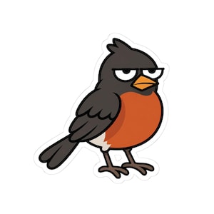 May include: A cartoon sticker of a bird with dark gray feathers on its head, wings, and tail, and a bright orange chest. The bird has a yellow beak, white markings near its tail, and a skeptical facial expression with heavy eyelids.