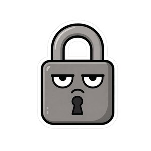 May include: A gray padlock sticker with a thick black outline. The padlock features a cartoon face with two horizontal eyes looking downward and a small curved mouth. A black keyhole is positioned in the center of the square-shaped body.