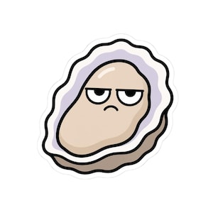 May include: A die-cut sticker featuring a cartoon oyster with a tan body and a light purple shell. The oyster has a grumpy facial expression with thick black eyebrows, half-closed eyes, and a small downward-curved mouth, outlined in black.