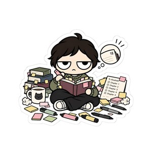 May include: A cartoon sticker of a person with dark hair sitting cross-legged, surrounded by stacks of books, pens, and sticky notes. The person holds an open book and a thought bubble shows the number 18. A checklist reads To Annotate.