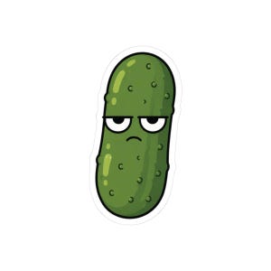 May include: A die-cut sticker featuring a cartoon pickle with a dark green skin, small bumps, and a grumpy facial expression with heavy eyelids and a downturned mouth. The illustration has a thick white border and a black outline.