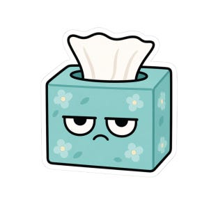 May include: A light blue square tissue box sticker featuring a white floral pattern and a cartoon face with heavy-lidded eyes and a small frown. A single white tissue is pulled out from the top opening of the box, which has a thick black outline.