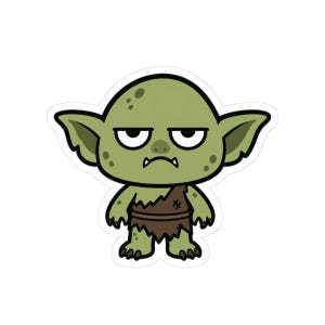 May include: A die-cut sticker featuring a cartoon goblin with light green skin, large pointed ears, and a grumpy facial expression. The character has dark spots on its head and wears a tattered brown tunic with visible stitching details.