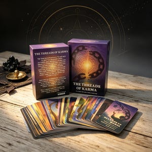 May include: A deck of cards titled The Threads of Karma with two purple boxes and a fan of illustrated cards. The boxes feature a broken chain graphic and descriptive text. One card shows a silhouette reaching toward a chain against a sunset sky.
