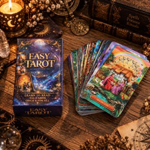May include: A deck of Easy Tarot cards featuring a blue box with gold text and a celestial design, alongside a fanned-out set of cards displaying the Ten of Cups, which depicts a cottage, a rainbow, and figures in a garden setting.
