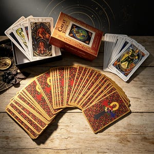 Puede incluir: Una baraja de cartas de tarot The Great Thoth con caja, que presenta un abanico de cartas con un patrón geométrico marrón y un símbolo ankh en el reverso. Las cartas muestran ilustraciones coloridas de figuras y símbolos.