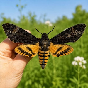 Könnte beinhalten: Ein Totenkopfschwärmer mit großen, dunkelbraunen Vorderflügeln und leuchtend gelb-schwarz gestreiften Hinterflügeln. Der Thorax zeigt eine deutliche, helle, totenkopfähnliche Zeichnung und der Hinterleib ist mit gelben und schwarzen Segmenten.