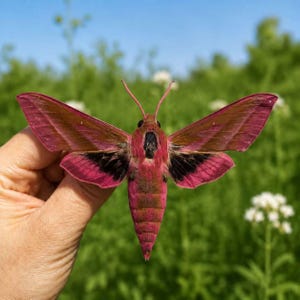 May include: A Deilephila elpenor moth with vibrant pink and olive-brown wings, featuring a distinct black patch at the base of the hindwings and a slender, pointed abdomen. The moth displays long, thin antennae and a dark, textured thorax.