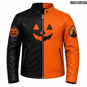 May include: A split-color jacket featuring a black right side and an orange left side with a central zipper. The chest displays a black jack-o'-lantern face. The sleeves feature circular patches of a pumpkin and a castle. Text reads LUTHERACRAFTS.
