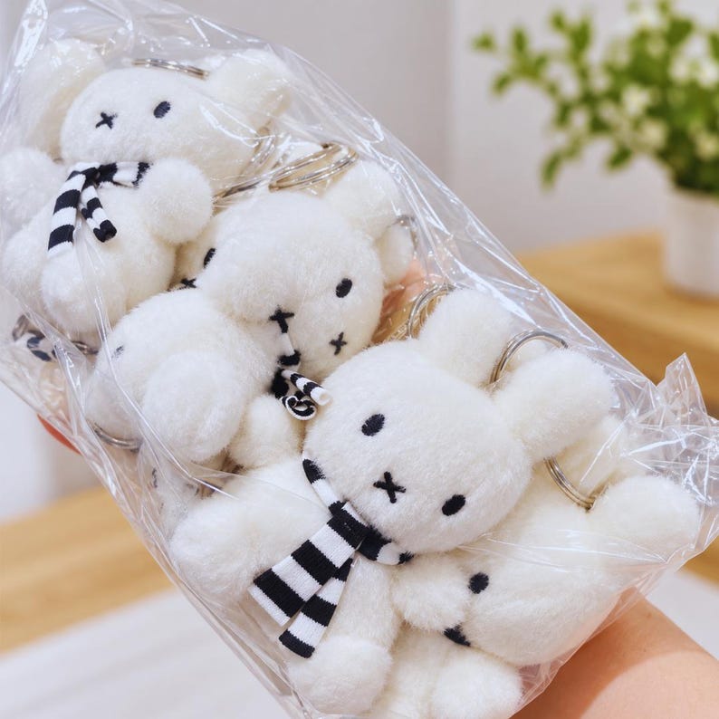 Soft White Bunny Plush Keychain – Striped Scarf Bag Charm (mini Gift ...