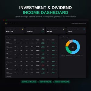 May include: An investment and dividend income dashboard interface featuring a dark mode layout with financial data tables, a donut chart for asset allocation, and summary metrics including total portfolio value, capital gain, and annual income.