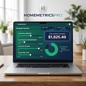 May include: A laptop screen displaying the HomeMetricsPro mortgage calculator interface with a dark green theme. The dashboard shows input sliders for home price, down payment, loan term, interest rate, and a donut chart for payment breakdown.
