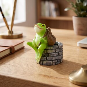 Puede incluir: Una pequeña figura de rana verde con vientre claro y ojos grandes, sentada sobre un pozo circular de textura de piedra gris. La rana lleva un saco marrón al hombro con un palo, pareciendo un viajero descansando sobre la estructura de piedra.
