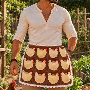 May include: A brown crochet apron featuring twelve individual pockets shaped like cream-coloured chickens with red combs. Each pocket holds a single brown egg. The apron has a white scalloped border and is worn over a long-sleeved cream shirt and tan trousers.