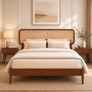 May include: A bed frame featuring a dark wood finish and a rounded headboard with a natural woven cane insert. The bed is dressed in neutral-toned bedding, including a duvet, two large pillows, and two smaller rectangular accent pillows.