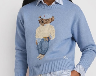 Ralph Lauren Inspired Sky Blue Polo Bear Knit Sweater Old Money Jumper, Winter Outfit